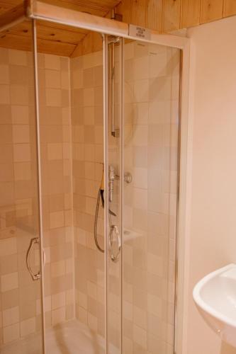 a shower with a glass door in a bathroom at De la Rue Pipowagens in Sleeuwijk