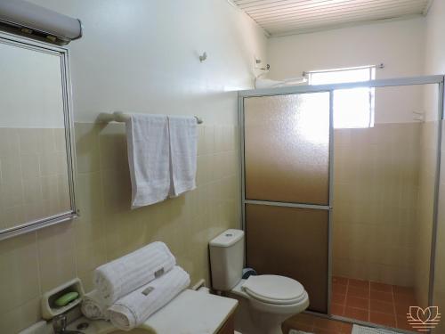 a bathroom with a toilet and a shower with towels at Recanto Nonna Lourdes - Vale dos Vinhedos in Bento Gonçalves