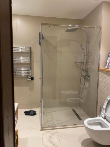 ビルガにあるSea Breeze White Villasのバスルーム(シャワー、トイレ、洗面台付)