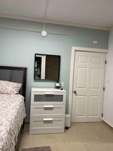 1 dormitorio con 1 cama y vestidor con espejo en Palmas View Premium 6, en Humacao