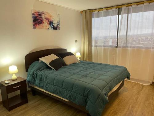 a bedroom with a green bed with a window at Hermoso Departamento entero, sector norte. in Antofagasta