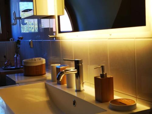 a bathroom with a sink and two faucets on a counter at Reethaus mit Meerblick- In 30 Sekunden am Strand in Boltenhagen