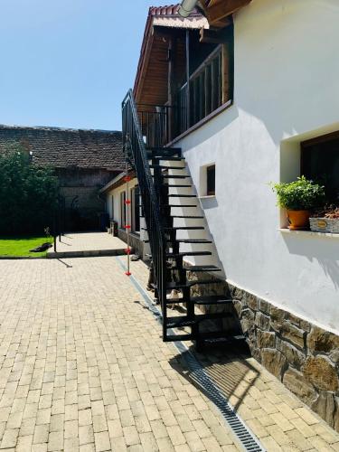 a staircase on the side of a building at Casa "La Moara din Grădină" in Eftimie Murgu