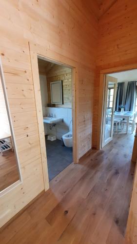 a log cabin with a bathroom and a toilet at Ökologisches Holzblock-Ferienhaus Lauterdörfle 150 - Baujahr 2022 - mit gratis AlbCard in Hayingen