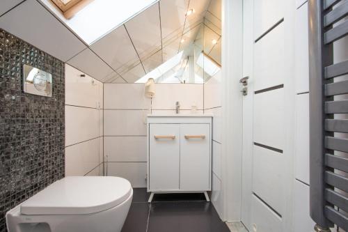 a bathroom with a white toilet and a skylight at Willa Nasza u Agnieszki- 200m KRUPÓWKI in Zakopane