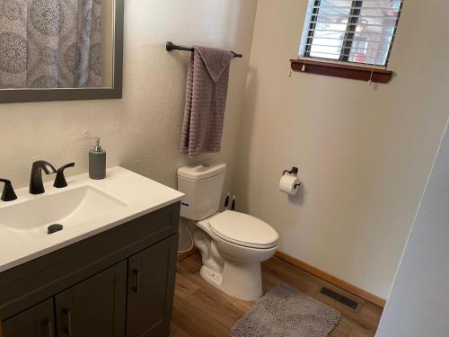 a bathroom with a white toilet and a sink at Dear Love Cabin in Ruidoso