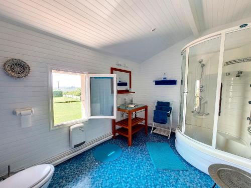 a bathroom with a shower and a toilet and a table at Ferme de Mouline in Sainte-Foy-la-Longue