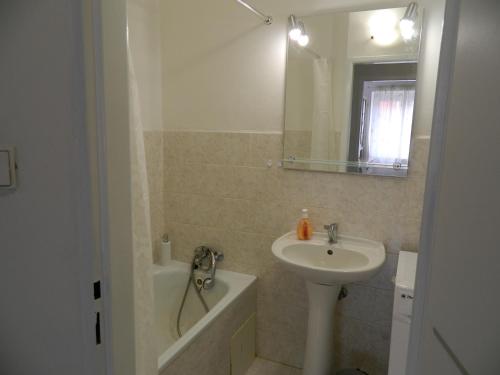 uma casa de banho com um lavatório, um espelho e uma banheira em Apartmán U Kláštera em Broumov