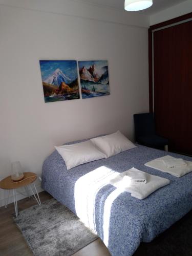 a bedroom with a bed and two pictures on the wall at Alojamento Almirante in Viseu