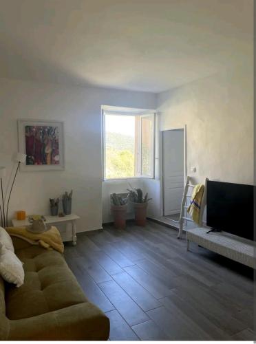 - un salon avec un canapé et une télévision dans l'établissement Appartement Vue mer en plein centre de Cargese, à Cargèse