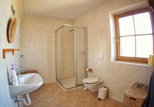 a bathroom with a shower and a toilet and a sink at Almgasthaus Flecknerhütte in San Leonardo in Passiria