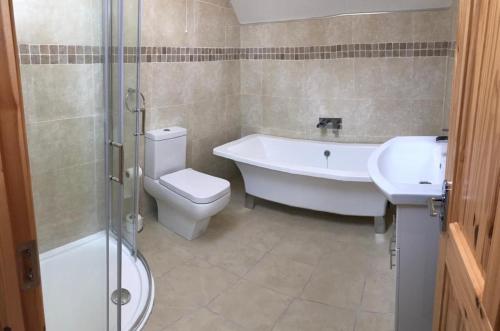 a bathroom with a tub and a toilet and a sink at Joes Cottage in Droíchead an Chláir