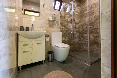 uma casa de banho com um WC, um lavatório e um chuveiro em Bed & Breakfast 3 Gs em Goghtʼ