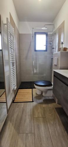 La salle de bains est pourvue de toilettes, d'une douche et d'une fenêtre. dans l'établissement L'Odyssée 07/ Gîte Ardèche, à Saint-Paul-le-Jeune
