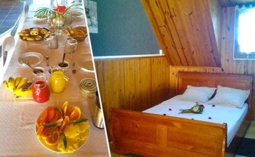 two pictures of a room with a bed and a table at Ferme équestre des Avirons in Les Avirons