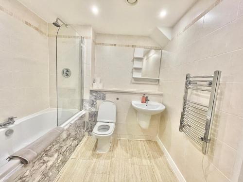 a bathroom with a toilet and a sink and a shower at Two bedrooms flat - Manchester city centre in Manchester