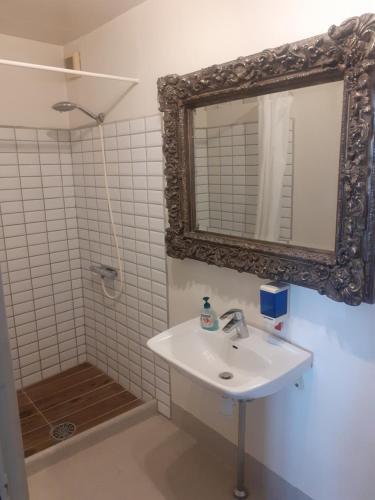 uma casa de banho com um lavatório, um espelho e um chuveiro em Det Gamle Hotel Rudkøbing em Rudkobing
