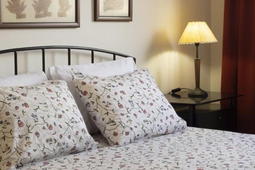 a bed with pillows and a table with a lamp at Santa Barbara Flat in Arcos de Valdevez