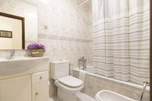a bathroom with a toilet and a sink and a shower at Santa Barbara Flat in Arcos de Valdevez