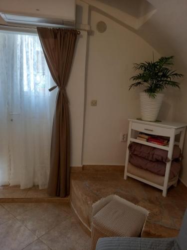 a living room with a curtain and a potted plant at Bunari Studio Apartment in Rovinj