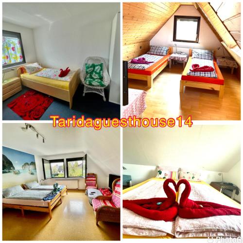 a collage of four pictures of a room at Tarida`Guesthouse in Braunschweig