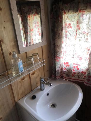baño con lavabo, espejo y ventana en Vedru Puhketalu, en Väike-Rakke