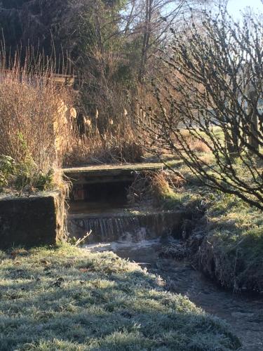 un pont sur un ruisseau dans un champ dans l'établissement SlashDindonneau, à Chirac