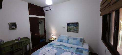 een slaapkamer met een bed met blauwe en witte kussens bij Pousada Suítes Águas de São Pedro in Águas de São Pedro