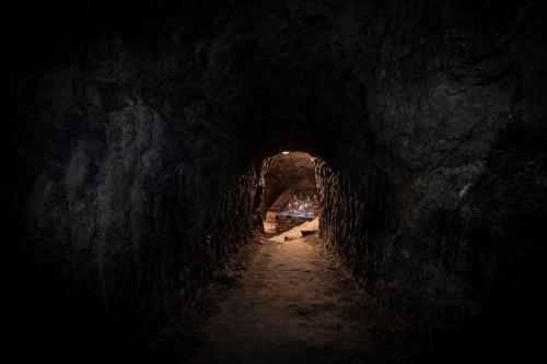 a dark cave with a tunnel leading into it at Vinařství Herůfek in Zaječí