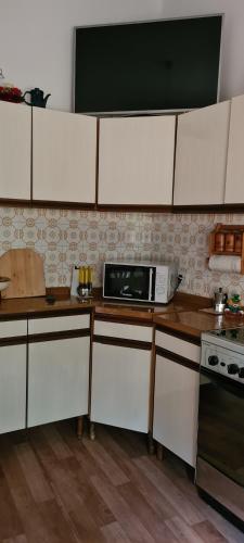 a kitchen with white cabinets and a microwave on a counter at Appartamenti Il Leone in Pienza
