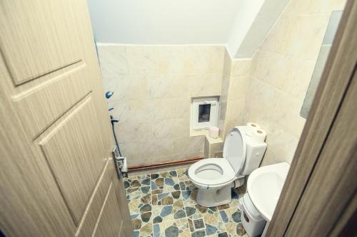 een kleine badkamer met een toilet en een wastafel bij Cabana Zabet in Ranca