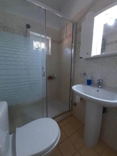 a bathroom with a shower and a toilet and a sink at Ionian Apartment, Sami in Sami