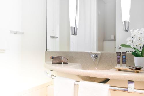W łazience znajduje się umywalka i lustro. w obiekcie Novotel Torino Corso Giulio Cesare w Turynie