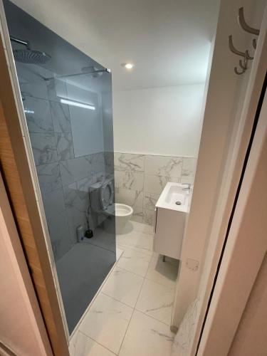 une salle de bain avec toilettes et lavabo dans l'établissement Le typique touquetois, 55m² hypercentre, à Le Touquet-Paris-Plage