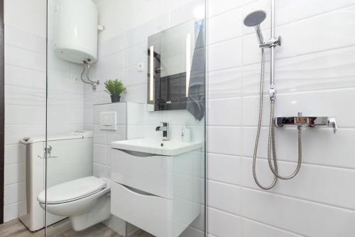 a white bathroom with a shower and a toilet at Apartman Sanja in Pula