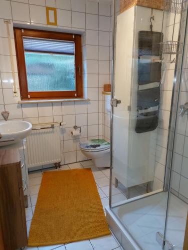 uma casa de banho com um chuveiro, um lavatório e um WC. em Schillerstüble em Bodelshausen