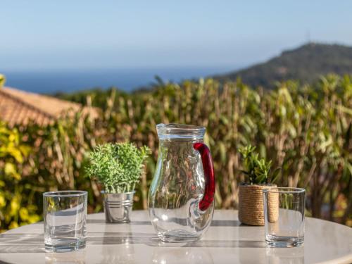 un vase en verre assis sur une table avec deux verres dans l'établissement Apartment Les Bastides - O4 023 by Interhome, à Agay