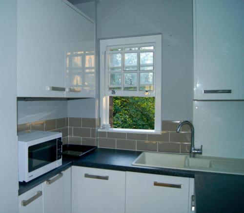 a white kitchen with a microwave and a window at Victorian Building With Character in London