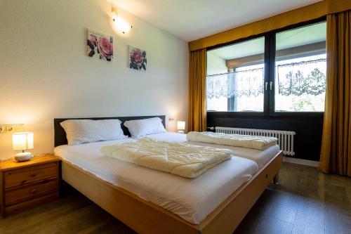 Un dormitorio con una cama grande y una ventana en Ferienwohnpark Immenstaad am Bodensee Zwei-Zimmer-Apartment 49 47, en Immenstaad am Bodensee