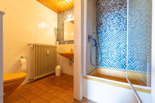 La salle de bains est pourvue d'une douche, de toilettes et d'un lavabo. dans l'établissement Ferienwohnpark Immenstaad am Bodensee Maisonette-Wohnung 55 26, à Immenstaad am Bodensee