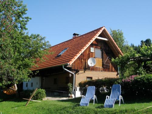 two blue chairs in front of a house at Wachahof in Edlitz