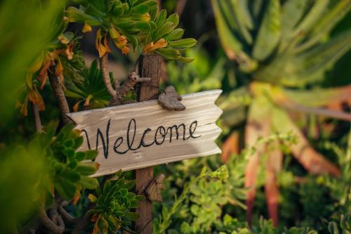 a sign with the word welcome in a garden at Entre Vides Valle de Guadalupe in Valle de Guadalupe