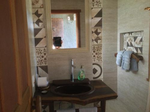 uma casa de banho com um lavatório e um espelho em Pousada Restaurante Portal do Ceu em Domingos Martins