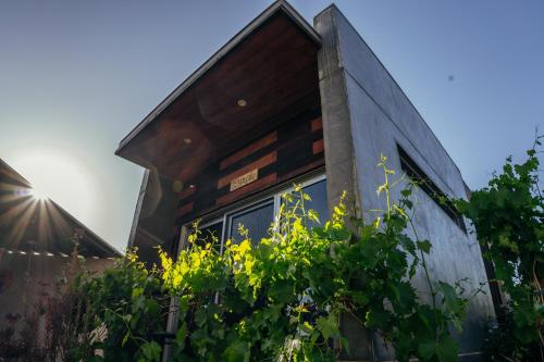 a house with the sun shining on it at Entre Vides Valle de Guadalupe in Valle de Guadalupe