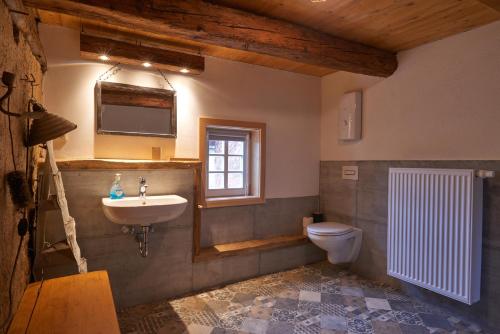ein Bad mit einem Waschbecken und einem WC in der Unterkunft Doppelzimmer Anna Oberlausitzer Hof in Leutersdorf