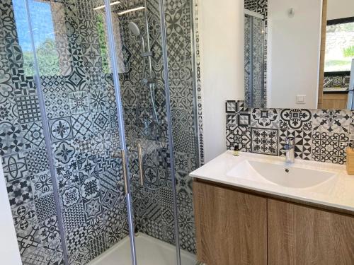 ein Badezimmer mit Dusche und Waschbecken in der Unterkunft PantaiaHomes - Le figuier d'Estellan - Gîte 6 couchages - Piscine in Tavernes