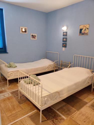 two beds in a room with blue walls at Marilia house in Hydra