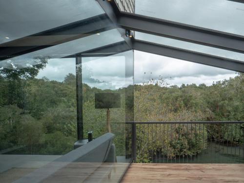 a glass house with a view of the forest at Cabañas Foráneo in Puerto Varas