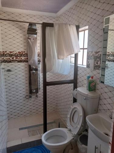a bathroom with a toilet and a shower and a sink at Impovu Guest House in Kasane