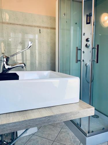 a bathroom with a white sink and a shower at Hotel San Giorgio in Albisola Superiore